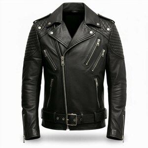 Man wearing black leather biker jacket with quilted sleeves, asymmetrical front zipper and belted waist in an urban evening setting.