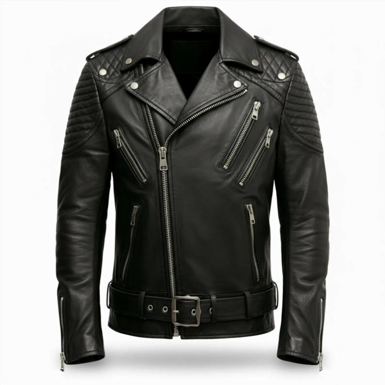 Man wearing black leather biker jacket with quilted sleeves, asymmetrical front zipper and belted waist in an urban evening setting.