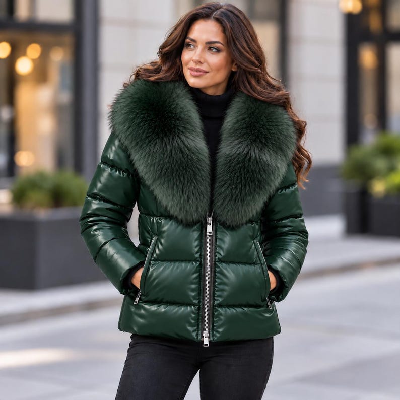 Women’s genuine leather puffer jacket with oversized faux fur collar, glossy quilted design, front zipper, and side zip pockets in multiple colors