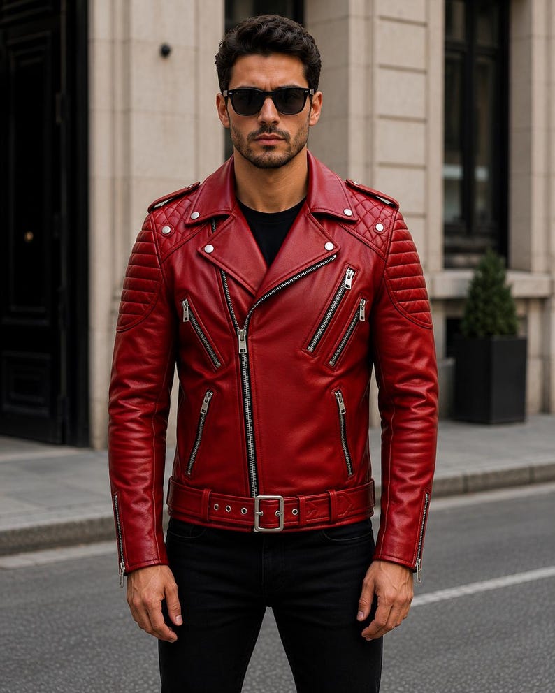 Man wearing red leather biker jacket with quilted sleeves, asymmetrical front zipper and belted waist in an urban evening setting.