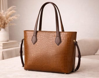 Structured Crocodile Embossed Leather Tote Bag, Work Shoulder Purse (Handmade)