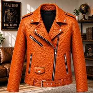 Men wearing style ostrich embossed cowhide leather biker jacket with asymmetrical front zipper, belted waist, lapel collar, zip pockets, premium motorcycle leather jacket available in multiple colors for casual riding and everyday fashion.