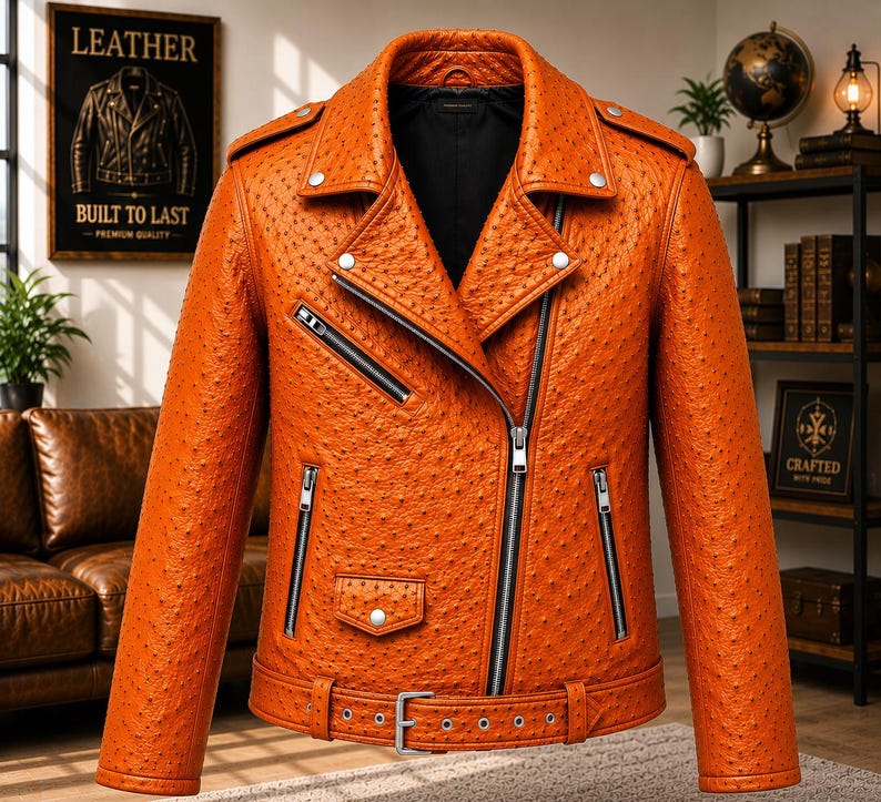 Men wearing style ostrich embossed cowhide leather biker jacket with asymmetrical front zipper, belted waist, lapel collar, zip pockets, premium motorcycle leather jacket available in multiple colors for casual riding and everyday fashion.