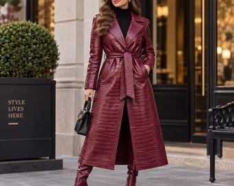 Crocodile Embossed Leather Coat for Women, Genuine Leather Trench Coat, Belted Long Coat, Double Breasted Luxury Outerwear