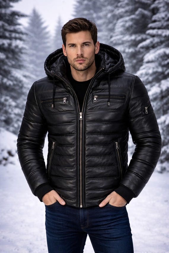slim fit leather puffer jacket mens