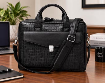 Leather Laptop Bag, Crocodile Embossed Messenger Bag, Business Work Bag