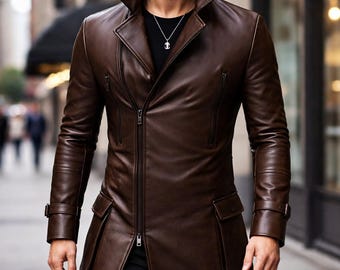 Mens Leather Trench Coat – Slim Fit Biker Style Streetwear Jacket