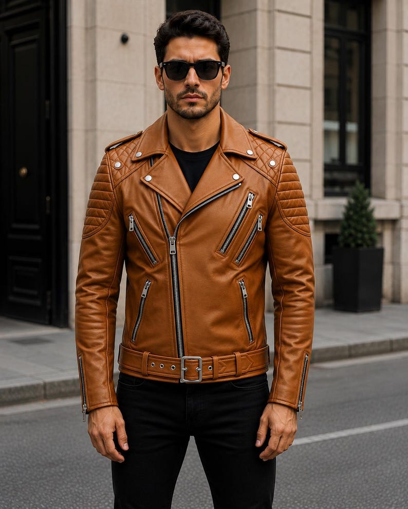 Man wearing cognac leather biker jacket with quilted sleeves, asymmetrical front zipper and belted waist in an urban evening setting.