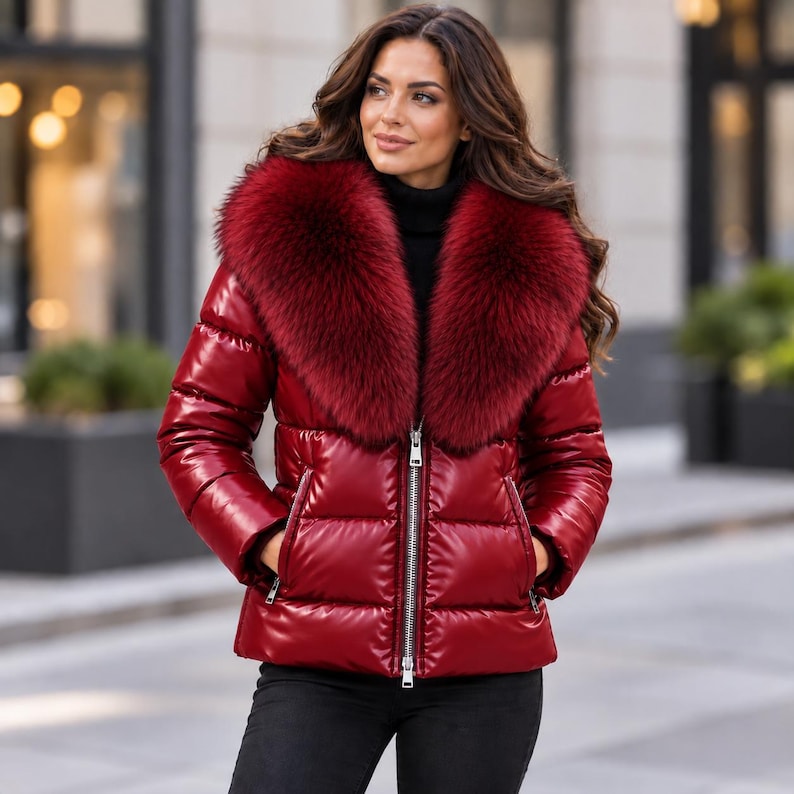 Women’s genuine leather puffer jacket with oversized faux fur collar, glossy quilted design, front zipper, and side zip pockets in multiple colors
