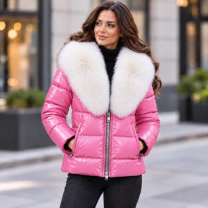 Women’s genuine leather puffer jacket with oversized faux fur collar, glossy quilted design, front zipper, and side zip pockets in multiple colors