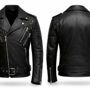 Man wearing black leather biker jacket with quilted sleeves, asymmetrical front zipper and belted waist in an urban evening setting.
