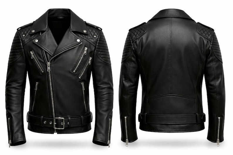 Man wearing black leather biker jacket with quilted sleeves, asymmetrical front zipper and belted waist in an urban evening setting.