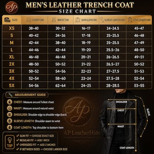 K&ouml;nnte beinhalten: Eine Gr&ouml;&szlig;entabelle f&uuml;r einen schwarzen Ledertrenchcoat mit goldener Schrift auf dunklem Hintergrund. Die Tabelle listet Ma&szlig;e in Zoll f&uuml;r Brust, Taille, Schulter, &Auml;rmell&auml;nge und Mantell&auml;nge f&uuml;r die Gr&ouml;&szlig;en XS bis 5X sowie eine Messanleitung.