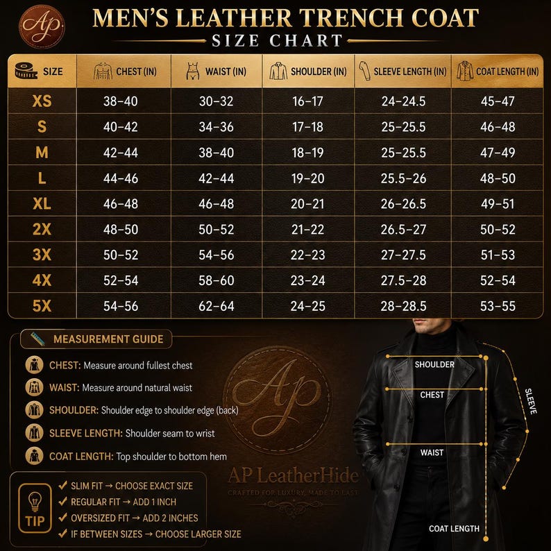 K&ouml;nnte beinhalten: Eine Gr&ouml;&szlig;entabelle f&uuml;r einen schwarzen Ledertrenchcoat mit goldener Schrift auf dunklem Hintergrund. Die Tabelle listet Ma&szlig;e in Zoll f&uuml;r Brust, Taille, Schulter, &Auml;rmell&auml;nge und Mantell&auml;nge f&uuml;r die Gr&ouml;&szlig;en XS bis 5X sowie eine Messanleitung.