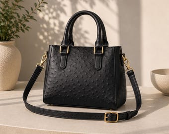 Ostrich Embossed Leather Satchel Bag, Top Handle Crossbody Purse, Handmade Designer Tote