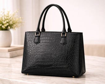 Crocodile Embossed Leather Tote Bag, Structured Black Handbag, Work Purse