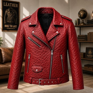 Men wearing style ostrich embossed cowhide leather biker jacket with asymmetrical front zipper, belted waist, lapel collar, zip pockets, premium motorcycle leather jacket available in multiple colors for casual riding and everyday fashion.