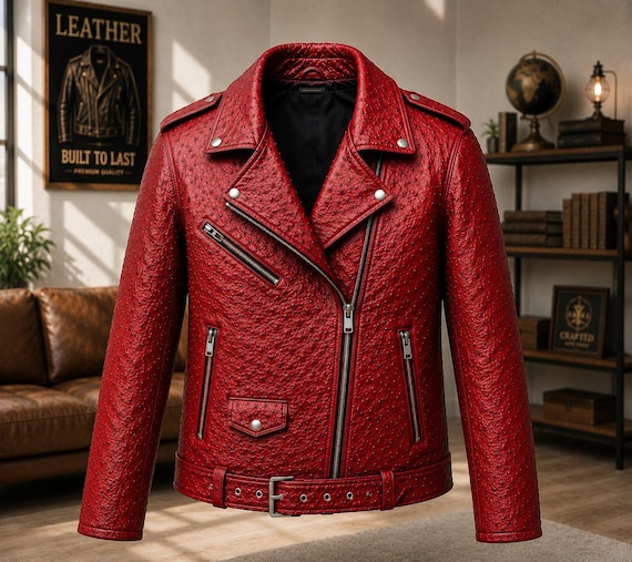 Men's Ostrich Embossed Cowhide Leather Biker Jacket – Genuine Rider Coat