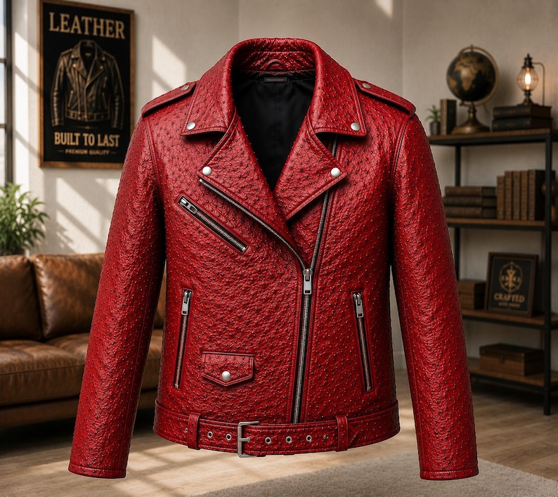 Men wearing style ostrich embossed cowhide leather biker jacket with asymmetrical front zipper, belted waist, lapel collar, zip pockets, premium motorcycle leather jacket available in multiple colors for casual riding and everyday fashion.