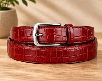 Red Crocodile Embossed Leather Belt – Handmade Classic Dress Waist Belt 1.25"