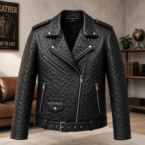 Men wearing style ostrich embossed cowhide leather biker jacket with asymmetrical front zipper, belted waist, lapel collar, zip pockets, premium motorcycle leather jacket available in multiple colors for casual riding and everyday fashion.