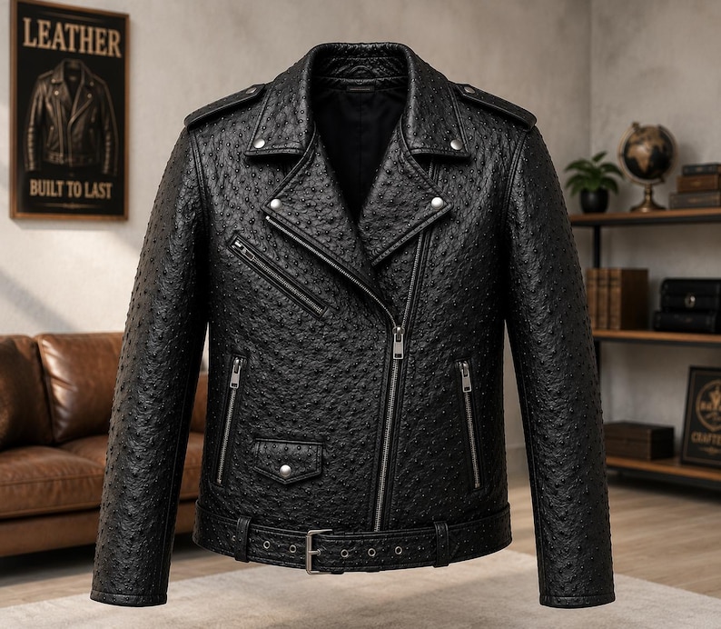 Men wearing style ostrich embossed cowhide leather biker jacket with asymmetrical front zipper, belted waist, lapel collar, zip pockets, premium motorcycle leather jacket available in multiple colors for casual riding and everyday fashion.