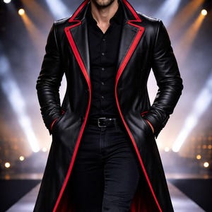 Man wearing a black leather trench coat with contrast trim in yellow, red, blue, purple, and white, matrix style long coat with futuristic gothic design, tailored fit, perfect for streetwear and winter fashion.