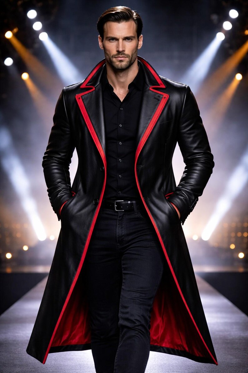 Man wearing a black leather trench coat with contrast trim in yellow, red, blue, purple, and white, matrix style long coat with futuristic gothic design, tailored fit, perfect for streetwear and winter fashion.