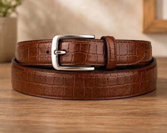 Brown Crocodile Embossed Leather Belt – Handmade Classic Dress Waist Belt 1.25"