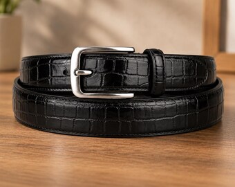 Black Crocodile Embossed Leather Belt – Handmade Classic Dress Waist Belt 1.25"
