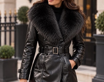Women's Leather Trench Coat, Genuine Leather Belted Coat with Faux Fur Collar, Double Breasted Winter Overcoat, Luxury Outerwear