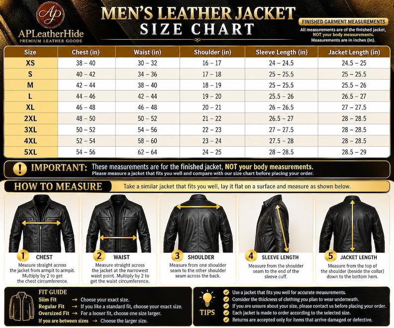 May include: A leather jacket size chart featuring a table with measurements in inches for sizes XS to 5XL. It includes a how-to-measure guide with five diagrams showing chest, waist, shoulder, sleeve, and jacket length measurement points.
