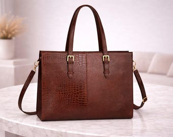 Handmade Crocodile Embossed Leather Tote Bag for Women,  Work Purse, Shoulder Handbag, Office Carryall, Top Handle Bag