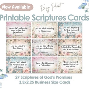 May include: A set of 27 printable scripture cards featuring inspirational quotes and bible verses. The cards are designed with a floral background and have a vintage aesthetic. Each card measures 3.5 inches by 2.25 inches.