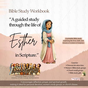 Puede incluir: Cuaderno de estudio bíblico con el texto "Un estudio guiado de la vida de Ester en las Escrituras." La imagen muestra una ilustración de una mujer con vestimenta bíblica. Ideal para la devoción personal y grupos de estudio bíblico.