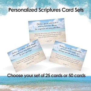 May include: A set of 25 or 50 personalized scripture cards with a beach background. The cards feature inspirational quotes and verses from the Bible. The cards are designed to be used for encouragement, reflection, and prayer.