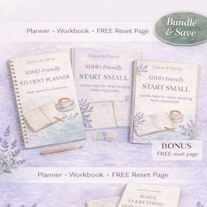 May include: An ADHD Student Starter Pack featuring a planner, workbook, and a free reset page. The image displays several books, including "ADHD-Friendly Student Planner" and "Start Small." The books are illustrated with coffee cups and pencils.