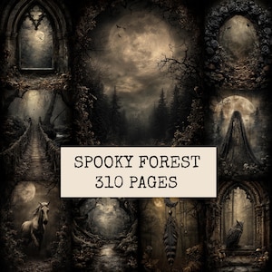 Peut inclure: Une collection numérique de 310 pages intitulée SPOOKY FOREST, présentant des illustrations sombres et atmosphériques de bois au clair de lune, d'arches gothiques, d'un pont, d'un cheval, d'un capteur de rêves et d'un hibou, dans des tons bruns et noirs.