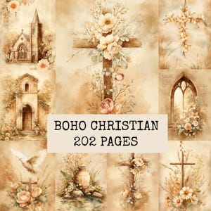 Peut inclure: Une collection de pages numériques présentant des illustrations à l'aquarelle d'églises, de croix, de fleurs et d'une colombe dans des tons sépia. Le texte central indique BOHO CHRISTIAN 202 PAGES. L'imagerie inclut des détails architecturaux, des arrangements floraux et des symboles religieux.