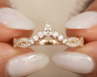 Fede nuziale unica con moissanite intrecciata e curva, anelli impilabili a forma di tiara in oro 14 carati, fede per anniversario da donna