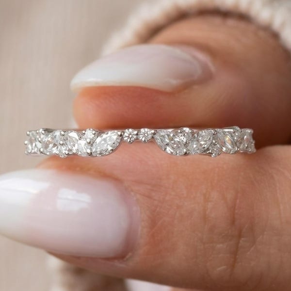 Notched Round & Marquise Moissanite Cluster Wedding Band, Custom Low Setting Stackable Ring