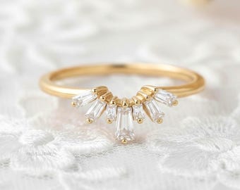 Vintage Curved Moissanite Baguette Tiara Wedding Band - Yellow Gold Vermeil Chevron Stacking Crown Guard