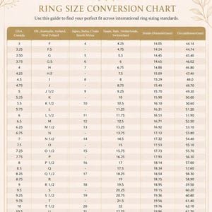 May include: Ring size conversion chart with international sizing standards. Includes USA, UK, Japan, and European sizes, with inside diameter in millimeters and circumference in millimeters.