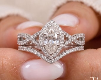 Set da sposa con moissanite marquise da 2 carati e pavé di diamanti, fede nuziale vintage intrecciata in oro bianco 14 carati.