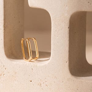 May include: A pair of gold-toned hoop earrings with a rectangular, elongated shape. The earrings feature a smooth, polished finish and a hinged closure mechanism, presented as a matching set with rounded corners and a minimalist, open-frame design.