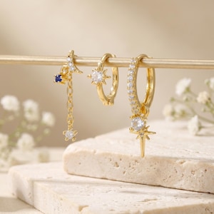 18K Gold Filled 3-Piece Earring Set, CZ Celestial Charms, Star Moon Huggies, Dainty Stackable Ear Jewelry, Minimalist Style