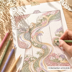 Può includere: Illustrazione dettagliata di un kimono con motivi floreali nei toni del rosa, verde e viola. L'opera d'arte è in fase di colorazione con matite colorate. L'immagine include il testo "TOKIMEKI ATELIER".