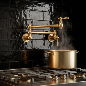 May include: A wall-mounted brass pot filler tap with a double-jointed swing arm and two handles, positioned above a brushed gold metal cooking pot on a hob. The tap is mounted against a wall of glossy black rectangular subway tiles.