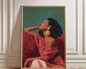 Afrozentrische schwarze Frau, Kunstdruck, Wohnzimmer Dekor, kräftige rosa Korallen (Digitaler Download)