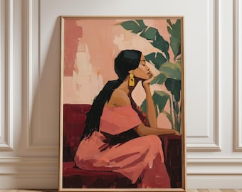 Afrozentrische Frau Portrait Druck, rosa botanische Boho Schlafzimmer Dekor (digitaler Download)